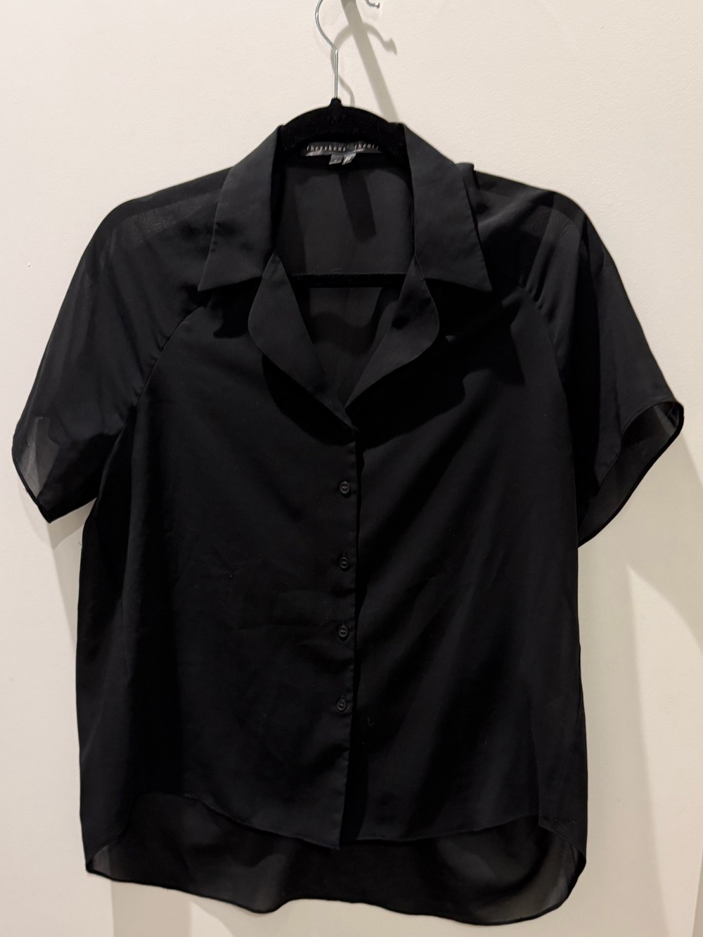 Theyskens' Theory Black Sheer Short-Sleeve Button-Down Blouse